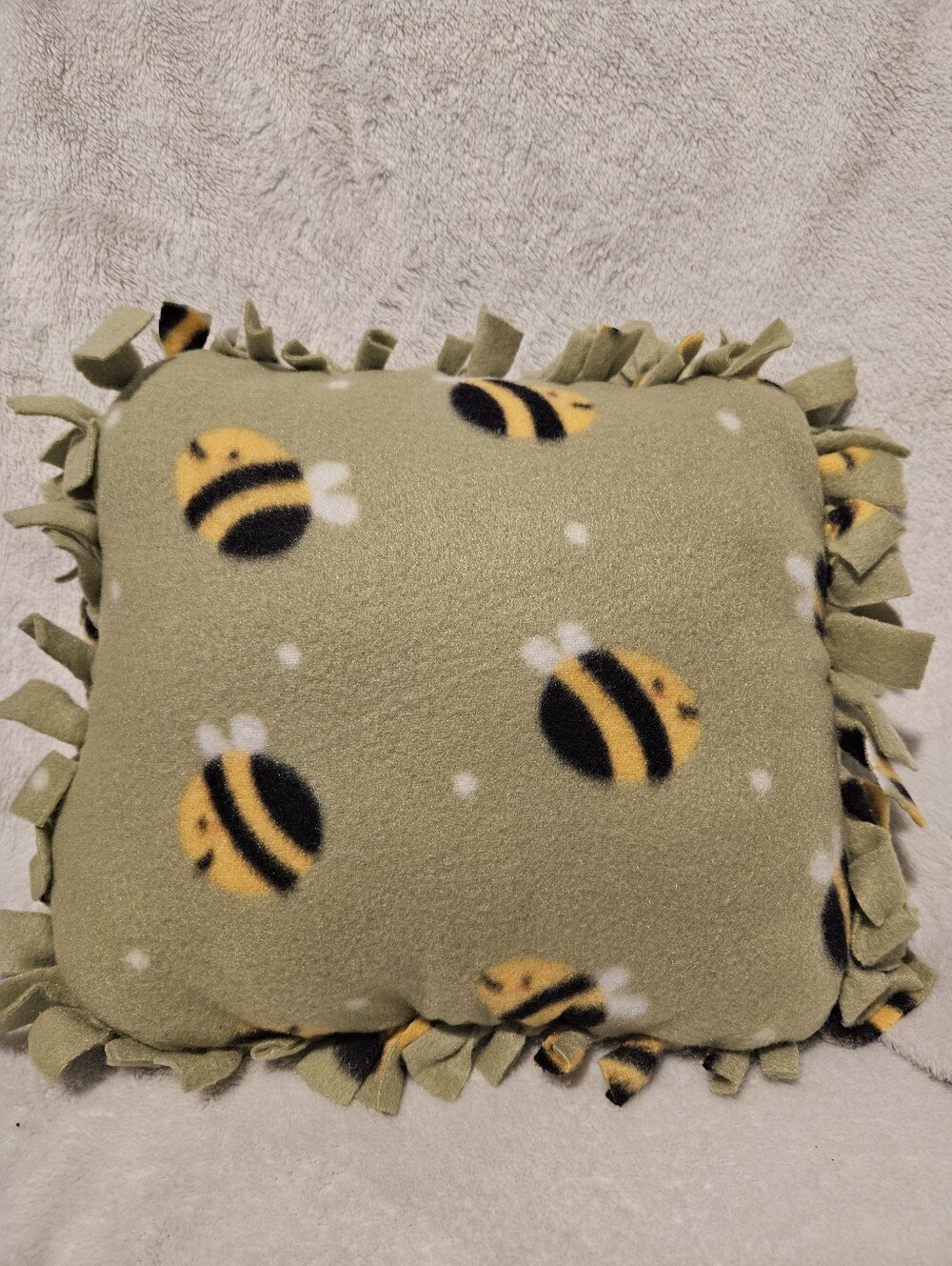 Handmade no sew fleece accent pillow With Bees.  Machine washable, Olive Green
